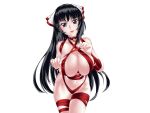  1girl bell black_hair bow breasts choker cleavage commentary english_commentary hair_bow highres large_breasts leaning_forward long_hair looking_at_viewer naked_ribbon navel neck_bell noihara_himari omamori_himari ponytail purple_eyes red_ribbon ribbon solo very_long_hair zehturtle 