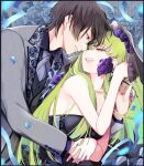  1boy 1girl :d bare_shoulders black_dress bridal_veil brown_hair c.c. code_geass couple dress eyebrows_visible_through_hair flower formal green_hair grey_suit hetero highres holding holding_flower hug hug_from_behind jewelry lelouch_lamperouge long_hair looking_at_another necklace noppo open_mouth parted_lips purple_flower purple_rose rose short_hair smile suit teeth upper_teeth veil yellow_eyes 