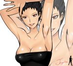  1girl armpits arms_up bare_shoulders black_hair breasts cleavage dress hands hands_up lips medium_breasts open_hand original parted_lips presenting_armpit red_eyes saberrung shiny shiny_skin simple_background sketch smile strapless strapless_dress sweat tied_hair white_background 