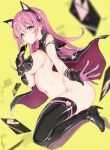  1girl animal_ears bare_hips black_gloves black_legwear bottomless breasts cape cat_ears covered_nipples gloves highres large_breasts looking_at_viewer navel original outstretched_arm pasties pink_eyes pink_hair revealing_clothes thick_thighs thighhighs thighs won_(az_hybrid) yellow_background 