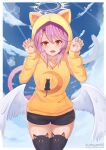  1girl angel angel_wings animal_ear_legwear animal_ears animal_print artist_name blue_sky breasts cat_ear_legwear cat_ears cat_girl cat_print cat_tail cleavage cloud commentary commission english_commentary fang feathered_wings halo highres hood hoodie jibril_(no_game_no_life) kuroyamii6 large_breasts long_hair looking_at_viewer low_wings magic_circle multicolored_eyes no_game_no_life open_mouth orange_eyes paw_pose pink_hair short_shorts shorts sky smile solo tail thighhighs white_wings wings yellow_eyes zettai_ryouiki 