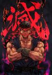  1boy belt black_gloves black_hair crossed_arms dougi evil_ryu gloves headband hungry_clicker looking_at_viewer male_focus muscular muscular_male red_eyes red_headband ryu_(street_fighter) short_hair solo street_fighter street_fighter_iv_(series) 
