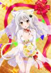  1girl absurdres animal_ears blush bouquet breasts cat_ears cat_girl cat_hair_ornament cat_tail flower hair_flower hair_ornament high_school_dxd highres looking_at_viewer official_art open_mouth short_hair silver_hair small_breasts solo standing tail thighhighs toujou_koneko yellow_eyes 