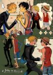  black_hair blonde_hair cigarette formal grin hat highres holding_hands makenevemoiine male_focus monkey_d._luffy multiple_views nami_(one_piece) one_piece roronoa_zoro sanji smile straw_hat suit usopp 