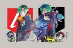 4boys apex_legends black_headwear black_jacket black_shirt blue_eyes blue_jacket color_connection country_connection crossover crypto_(apex_legends) dead_by_daylight goggles green_hair green_jacket green_vest hack_(apex_legends) hair_over_one_eye hak_ji-woon hak_ji-woon_(pressured_performer) jacket jake_park jewelry looking_to_the_side male_focus mask masshiro mouth_mask multiple_boys necklace octane_(apex_legends) official_alternate_costume shirt vest yellow_eyes 