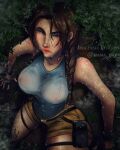  annoyed blue_tank_top braid breasts brown_eyes brown_hair covered_nipples foliage from_above frown hot i-ledford jungle lara_croft large_breasts lips looking_at_viewer looking_up nature rainforest shadow shorts sleeveless steam summer sweat tank_top thighs tomb_raider wet wet_clothes wet_hair 