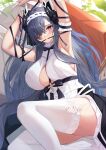  1girl arm_strap armpits arms_up august_von_parseval_(azur_lane) azur_lane bangs blush breasts closed_mouth garter_straps grey_hair hair_ornament hair_over_one_eye highres horns kazuha_(saku_kn) large_breasts long_hair looking_at_viewer mouth_hold one_eye_covered sleeveless solo thighhighs thighs white_headwear white_legwear 