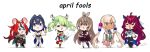  6+girls :t ahoge alternate_hairstyle april_fools black_hair blonde_hair blue_eyes blue_hair brown_eyes brown_hair ceres_fauna ceres_fauna_(cosplay) chibi chips closed_eyes commentary cosplay dakimakura_(object) dark-skinned_female dark_skin dasdokter demon_horns detached_sleeves eating elbow_gloves english_commentary feather_hair_ornament feathers food gloves green_hair hair_ornament hakos_baelz hakos_baelz_(cosplay) highres holding holding_food holding_kettle holocouncil hololive hololive_english horns irys_(hololive) irys_(hololive)_(cosplay) long_hair long_sleeves mole mole_under_eye multicolored_hair multiple_girls nanashi_mumei nanashi_mumei_(cosplay) orange_eyes ouro_kronii ouro_kronii_(cosplay) pillow ponytail potato_chips purple_hair red_hair streaked_hair tsukumo_sana tsukumo_sana_(cosplay) very_long_hair virtual_youtuber white_gloves white_hair 