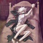  1boy ball_gag bangs bare_legs bdsm bed blood bondage bound bound_ankles bound_wrists clothes_lift danganronpa_(series) danganronpa_2:_goodbye_despair english_commentary gag gagged green_jacket grey_hair jacket komaeda_nagito male_focus male_underwear medium_hair messy_hair on_bed pillow plaid print_shirt rope shirt shirt_lift short_sleeves solo underwear white_hair white_shirt yandr4hope 