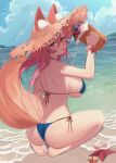 1girl animal_ear_fluff animal_ears ass back bangs bare_arms bare_shoulders barefoot beach beer_mug bikini blue_bikini blush bracelet breasts brown_eyes cloud commentary_request cup day ears_through_headwear fate/grand_order fate_(series) foam food fox_ears fox_girl fox_tail fruit full_body halterneck hat highres holding holding_cup jewelry large_breasts long_hair looking_at_viewer looking_back mug myao_(o3o333) ocean pink_hair revision shoulder_blades side-tie_bikini sideboob sidelocks sky solo starfish straw_hat string_bikini swimsuit tail tamamo_(fate) tamamo_no_mae_(swimsuit_lancer)_(fate) thighs tongue tongue_out water yellow_eyes 