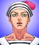  1boy black_hair c-7_(assate) dixie_cup_hat eyelashes green_eyes hat higashikata_josuke_(jojolion) jojo_no_kimyou_na_bouken jojolion male_focus military_hat open_mouth portrait sailor sailor_collar short_hair solo straight-on symmetry tooth_gap 