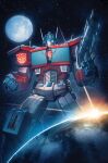  1boy autobot blue_eyes casey_w._coller clenched_hand collaboration earth_(planet) english_commentary glowing glowing_eyes gun holding holding_gun holding_weapon joana_lafuente mecha moon optimus_prime planet science_fiction solo transformers weapon 