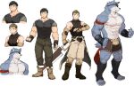  3boys abs absurdres animal_ears bara blue_fur brown_pants character_sheet clothing_cutout cropped_torso dog_boy dog_ears dog_tail expressions eyebrow_cut eyepatch full_body furry furry_male gondom highres large_pectorals male_focus multiple_boys muscular muscular_male navel nipples original pants pectorals short_hair sideburns sidepec smile stomach tail thick_eyebrows thigh_cutout thighs topless_male underwear_cutout unfinished 