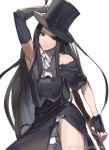  1other akisa_(12023648) armpits ascot bare_shoulders black_gloves black_hair black_headwear closed_mouth fingerless_gloves gloves guilty_gear guilty_gear_strive hat long_hair looking_at_viewer red_eyes scythe simple_background smile solo testament_(guilty_gear) thighs twitter_username white_ascot white_background 