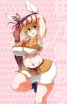  1girl animal_ears armpits bangs blonde_hair blunt_bangs blush breasts eyebrows_visible_through_hair foot_out_of_frame haniwa_(statue) huge_breasts joutouguu_mayumi midriff navel pink_background short_hair simple_background solo standing standing_on_one_leg sugiura sweat thick_thighs thighs touhou 