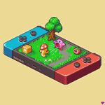  box grass inhaling kirby kirby_(series) kirby_and_the_forgotten_land maxim_tomato mirrutatep mushroom nintendo_switch no_humans path pixel_art star_(symbol) tree 