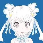  1girl animal_ears april_fools blue_background grey_eyes hair_ornament kemono_friends kemono_friends_v_project long_hair looking_at_viewer neck_ribbon official_art open_mouth ribbon shirt simple_background skyfish_(kemono_friends) smile solo twintails virtual_youtuber white_hair 