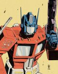  1980s_(style) 2020 autobot casey_w._coller english_commentary gun holding holding_gun holding_weapon insignia mecha optimus_prime retro_artstyle solo transformers upper_body weapon yellow_background yellow_eyes 