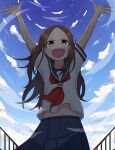  1girl absurdres arms_up brown_hair dress highres karakai_jouzu_no_takagi-san midriff_peek navel open_mouth sailor_collar sailor_dress skirt solo takagi-san wind 