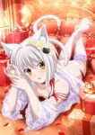  1girl absurdres animal_ears ass bed blush bouquet box breasts cat_ears cat_girl cat_hair_ornament cat_tail flower gift gift_box hair_flower hair_ornament high_school_dxd highres looking_at_viewer lying official_art on_stomach open_mouth pillow short_hair silver_hair solo tail thighhighs toujou_koneko yellow_eyes 