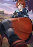  1girl :p arezu_(pokemon) ass blue_shirt blush boots breasts ikuchan_kaoru long_sleeves looking_at_viewer lying on_side outdoors pants pantyhose pokemon pokemon_(game) pokemon_legends:_arceus red_eyes red_hair red_legwear shirt sky solo thick_thighs thighs tight tongue tongue_out tree 
