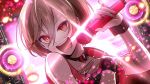 1girl :d brown_hair holding holding_microphone kotoko0 lights meiko meiko_(vocaloid3) microphone music red_eyes short_hair singing sleeveless smile solo twitter_username vocaloid wrist_cuffs 