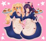  2girls :3 :p animal_ears blonde_hair blue_eyes blue_hair bow breasts cat_ears cat_girl cat_tail commentary commission english_commentary food hair_bow highres holding holding_tray lizlett_l._chelsie long_hair looking_at_viewer maid maid_headdress medium_breasts multiple_girls nanonator3 noihara_himari omamori_himari pink_background pink_bow ponytail purple_eyes smile star_(symbol) tail tongue tongue_out tray twintails very_long_hair waitress 