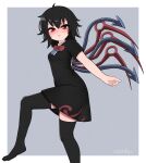  1girl asymmetrical_wings black_dress black_hair black_legwear blush bow bowtie breasts dress foot_out_of_frame from_side highres houjuu_nue looking_at_viewer red_bow red_eyes short_dress short_sleeves smile solo standing standing_on_one_leg thighhighs topadori touhou wings zettai_ryouiki 
