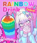  1girl april_fools blue_hair blue_nails bow chouzetsusaikawa_tenshi-chan commentary_request constricted_pupils covering_mouth cup disgust disposable_cup drinking_straw eencya english_text gradient_hair hair_bow holographic_clothing multicolored_hair multicolored_nails multiple_hair_bows nail_polish needy_girl_overdose official_art pink_hair pink_nails pixel_art quad_tails sailor_collar school_uniform serafuku smoothie solo sweat upper_body white_hair 