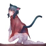  1girl alternate_eye_color animal_ears bandaged_arm bandaged_foot bandaged_hand bandaged_leg bandages black_hair blush brown_cloak cat_ears cat_girl cat_tail cloak eyebrows_visible_through_hair fang fran_(tensei_shitara_ken_deshita) from_behind head_tilt highres jide_(gmlfksk7) light_blush looking_at_viewer looking_back medium_hair open_mouth pink_eyes simple_background solo tail tensei_shitara_ken_deshita thighs torn_cloak torn_clothes white_background 