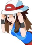  1girl breasts brown_eyes brown_hair gradient gradient_background green_(pokemon) hainchu hat long_hair open_mouth pokemon pokemon_(game) pokemon_frlg simple_background sleeveless solo wristband 
