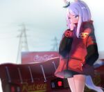  1girl animal_ears bow car cars_(movie) chocomoch coca-cola ground_vehicle hand_in_pocket highres horse_ears jacket lightning_mcqueen mejiro_mcqueen_(umamusume) motor_vehicle namesake purple_eyes purple_hair racecar shorts sky solo spoiler_(automobile) tail umamusume 