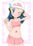  1girl beanie blue_eyes blush breasts closed_mouth dawn_(pokemon) hainchu hair_ornament hairclip hat highres long_hair looking_at_viewer navel one_eye_closed pleated_skirt pokemon pokemon_(anime) pokemon_dppt_(anime) skirt sleeveless smile solo white_headwear 