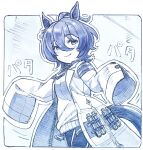  1girl agnes_tachyon_(umamusume) animal_ears blue_theme closed_mouth eyebrows_visible_through_hair hair_between_eyes highres horse_ears horse_girl horse_tail labcoat long_sleeves looking_at_viewer monochrome sakino_shingetsu short_hair sleeves_past_wrists smile solo tail test_tube translation_request umamusume 