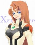  1girl blue_eyes breasts closed_mouth copyright_name elhaym_van_houten lips long_hair looking_at_viewer military military_uniform orange_hair simple_background smile solo uniform very_long_hair white_background xenogears 