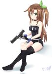  1girl absurdres bangs bare_shoulders black_choker blue_gloves boppin bow breasts brown_hair choker collarbone desert_eagle fingerless_gloves gloves green_eyes gun hair_between_eyes hair_bow hair_ornament hairband handgun highres holding holding_gun holding_weapon if_(neptune_series) leaf_hair_ornament locked_slide long_hair looking_at_viewer magazine_(weapon) neptune_(series) no_shoes one_side_up reloading shorts side_ponytail simple_background sitting solo strapless thighhighs trigger_discipline tube_top weapon white_background 