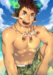  1boy abs alternate_costume alternate_pectoral_size animal_ears bara beach bright_pupils brown_eyes brown_hair camouflage camouflage_shorts cow_boy cow_ears cow_horns facial_hair feather_necklace feet_out_of_frame fiery_horns forked_eyebrows glowing_horns goatee highres horns laserbiubiu looking_at_viewer male_focus male_swimwear navel navel_hair no_nipples pectorals print_male_swimwear short_hair shorts sideburns sky smile solo spiked_hair stomach swim_trunks thick_eyebrows tokyo_afterschool_summoners toned toned_male topless_male wakan_tanka 