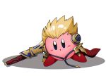 :o armor blonde_hair blue_eyes blush chromatic_aberration commentary_request copy_ability ea_(fate/stay_night) fate/stay_night fate_(series) full_body fusion gauntlets gilgamesh_(fate) gold_armor hand_up highres holding holding_sword holding_weapon kirby kirby_(series) looking_at_viewer no_humans none_(kameko227) open_mouth shadow solo standing sword weapon white_background 