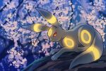  branch closed_mouth commentary_request flower from_side full_body fusenryo glowing looking_at_viewer no_humans pokemon pokemon_(creature) red_eyes solo umbreon 