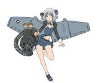  a-10_thunderbolt_ii absurdres aircraft_wings alternate_costume breasts copyright_request deculture exposed_bellybutton gatling_gun gau-8 gawr_gura grey_hair gun highres holding holding_gun holding_weapon hololive hololive_english maid_headdress medium_hair miniskirt second-party_source shoes simple_background skirt small_breasts smirk sneakers standing standing_on_one_leg weapon 