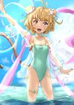  1girl absurdres ahoge andira_(granblue_fantasy) animal_ears bangs blue_eyes casual_one-piece_swimsuit cowboy_shot double_bun erune granblue_fantasy green_swimsuit highres long_hair monkey_ears monkey_girl monkey_tail murumuru_(mr_mr_pr_pr) one-piece_swimsuit open_mouth see-through soaking_feet solo standing swimsuit tail water wavy_hair 