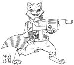  2016 5_fingers anthro belt black_and_white bottomwear cheek_tuft claws clothing facial_tuft fangs fingerless_gloves fingers gloves guardians_of_the_galaxy gun handwear holding_gun holding_object holding_weapon male mammal markings marvel monochrome narrowed_eyes neck_tuft open_mouth pants procyonid raccoon ranged_weapon rocket_raccoon signature skyelegs solo standing striped_markings striped_tail stripes tail_markings tongue topwear tuft weapon 