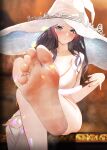  1girl absurdres alternate_skin_color armpit_crease asakura_tooru bare_legs barefoot black_hair blue_eyes blurry blurry_background breasts chinese_commentary cleavage collarbone commentary_request cosplay dress elden_ring feet foot_focus foot_out_of_frame foot_up grey_nails hand_up hat heart heart-shaped_pupils highres idolmaster idolmaster_shiny_colors jewelry large_breasts large_hat long_hair nail_polish ranni_the_witch ranni_the_witch_(cosplay) sidelocks soles solo sparkle steaming_body symbol-shaped_pupils toe_ring toenail_polish toenails toes ursica white_dress witch_hat 