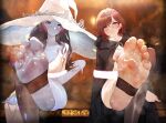  2girls absurdres armpit_crease asakura_tooru bangs barefoot black_cloak black_hair black_legwear black_nails blue_eyes blue_skin blurry blurry_background blush breasts brown_hair chinese_commentary cloak collarbone colored_skin commentary_request cosplay crossed_legs dress elden_ring eyebrows_visible_through_hair feet foot_focus foot_out_of_frame foot_up foreshortening hair_ornament hairclip hat head_tilt heart heart-shaped_pupils highres higuchi_madoka idolmaster idolmaster_shiny_colors jewelry large_breasts large_hat long_hair looking_at_viewer medium_hair melina_(elden_ring) melina_(elden_ring)_(cosplay) multiple_girls nail_polish no_shoes parted_lips ranni_the_witch ranni_the_witch_(cosplay) red_eyes shiny shiny_skin sitting smell soles sparkle steaming_body stirrup_legwear sweat sweatdrop symbol-shaped_pupils thighs toe_ring toeless_legwear toenail_polish toenails toes ursica white_dress white_headwear witch_hat 