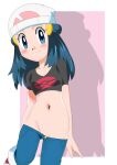  1girl beanie blue_eyes blue_hair blush breasts closed_mouth dawn_(pokemon) denim groin hainchu hair_ornament hairclip hat highres jeans long_hair looking_at_viewer pants pokemon pokemon_(anime) pokemon_dppt_(anime) solo white_headwear 