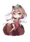  1girl absurdres animal_ears aoko_(myut7287) artist_name bangs barefoot brown_eyes brown_hair brown_shirt brown_skirt chibi closed_mouth crossed_legs full_body futatsuiwa_mamizou glasses highres holding holding_smoking_pipe kiseru leaf leaf_on_head looking_at_viewer raccoon_ears raccoon_girl raccoon_tail shirt short_hair short_sleeves simple_background sitting skirt smile smoke smoking_pipe solo tail touhou white_background 