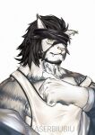  1boy animal_ears avatar_(ff14) bara beard black_hair black_headband cat_boy cat_ears earrings facial_hair fang final_fantasy final_fantasy_xiv fingernails grey_fur headband jewelry large_pectorals laserbiubiu male_focus mature_male muscular muscular_male pectorals roegadyn sharp_fingernails short_hair single_earring snout solo tank_top upper_body white_tank_top 