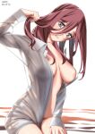  1girl absurdres areolae bangs blue_eyes breasts brown_hair collared_shirt dress_shirt go-toubun_no_hanayome hair_between_eyes highres large_breasts long_hair long_sleeves looking_at_viewer nakano_miku naked_shirt open_clothes open_shirt parted_lips sakieda_yoyu see-through_silhouette shirt simple_background sitting solo straight_hair twitter_username white_background white_shirt wing_collar 