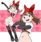  1girl bandana black_gloves blue_eyes breasts brown_hair closed_mouth cosplay elbow_gloves gloves hainchu jessie_(pokemon) jessie_(pokemon)_(cosplay) long_hair looking_at_viewer may_(pokemon) midriff multiple_views navel open_mouth pokemon pokemon_(anime) pokemon_rse_(anime) simple_background skirt smile solo team_rocket team_rocket_uniform thighhighs 