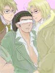  3boys america_(hetalia) axis_powers_hetalia blindfold blonde_hair bomber_jacket brothers canada_(hetalia) cuba_(hetalia) dark-skinned_male dark_skin glasses jacket kurosan multiple_boys siblings twins yaoi 